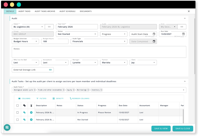 A dashboard showing the progress on a specific audit, with the team assigned and a notes field.