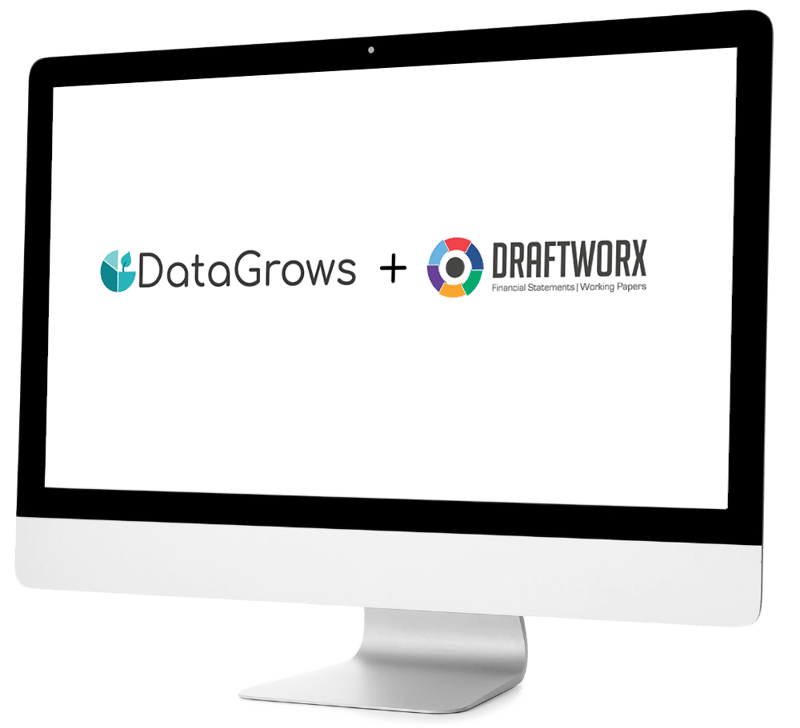 A desktop screen showing the DataGrows and Draftworx logos next to each other to illustrate the two systems working together. 