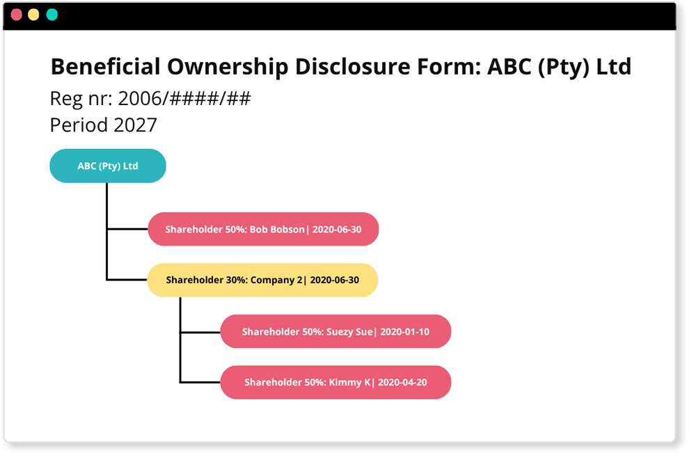 A depiction of the company structure of a fictitious company called ABC (Pty) Ltd