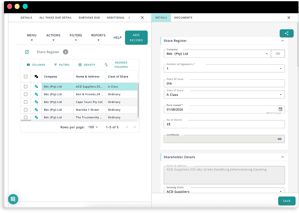 A screenshot of how to manage share registers in DataGrows