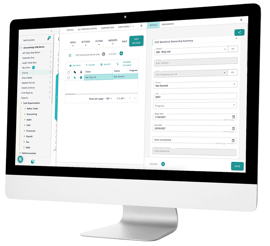 A desktop screen showing the Beneficial Ownership Table accessed through the Client table